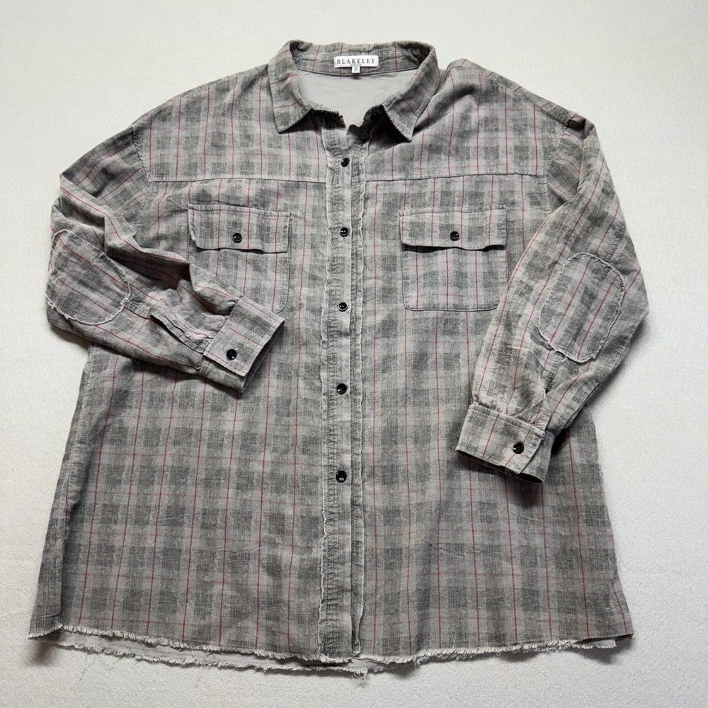 Blakeley Grey Plaid Corduroy Button Down Shirt Frayed Hem Elbow Patches Medium
